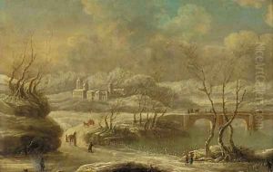 A busy track by a bridge in a winter landscape by Dutch School