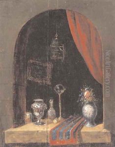 A casement with a bird cage, a vase of flowers, a mirror, an urn and other objects