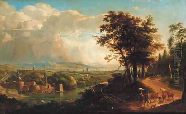 A drover with cattle on wooded track in a capriccio landscape - view 1