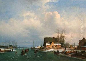 A Dutch winter landscape with figures skating by Dutch School
