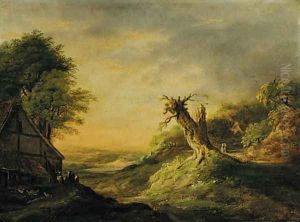 A figure setting off from a cottage carrying two pails by Dutch School