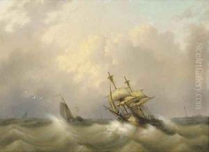 A two-master on choppy water by Dutch School