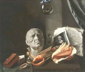 A Vanitas still-life with a bust, seashells, books, and glass flasks