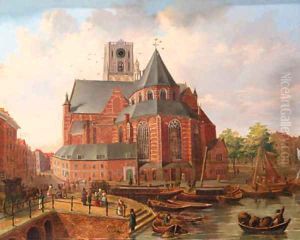 A view of Rotterdam with townsfolk gathered on a quay by a church