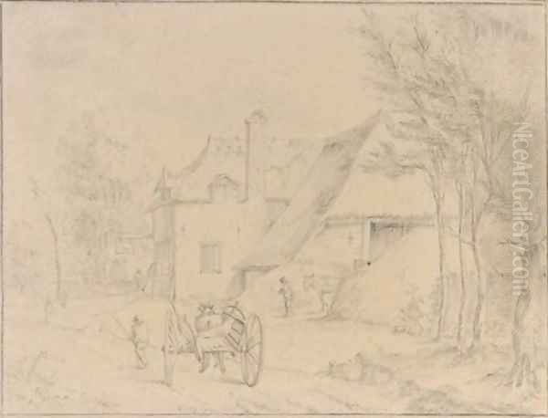 A village view with a peasant by a horse-drawn carriage - view 1