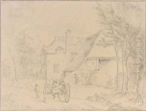 A village view with a peasant by a horse-drawn carriage by Dutch School