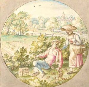 A woman greeting a man hunting birds with nets, fish on a string in his left hand by Dutch School