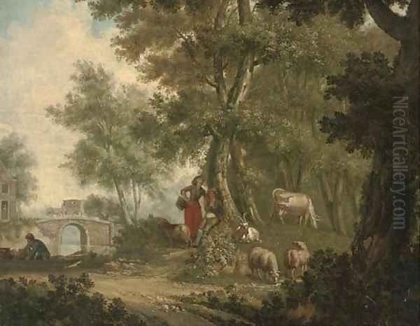 A wooded river landscape with a shepherd and shepherdess resting under a tree with their flock - view 1