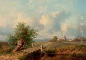 An extensive landscape with a windmill by Dutch School