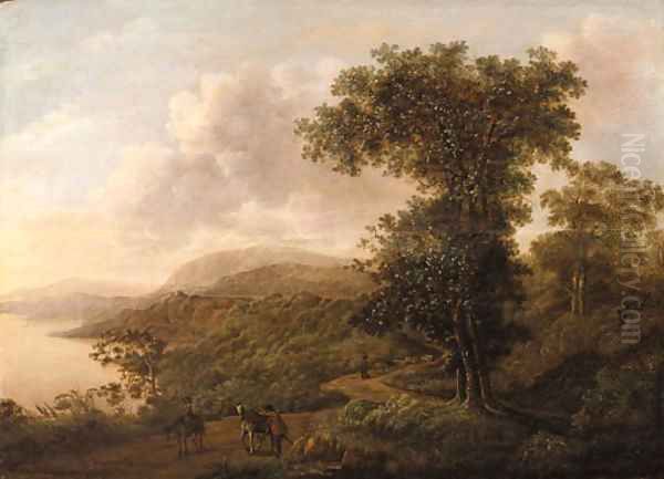 An extensive mountainous river Landscape with Horsemen and a Shepherd on a Track in the foreground - view 1