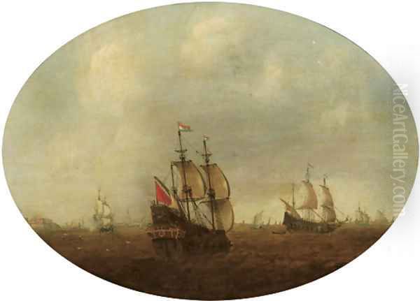 Dutch men o' war in choppy waters, a fortified town and church in the distance - view 1