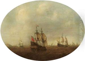 Dutch men o' war in choppy waters, a fortified town and church in the distance by Dutch School