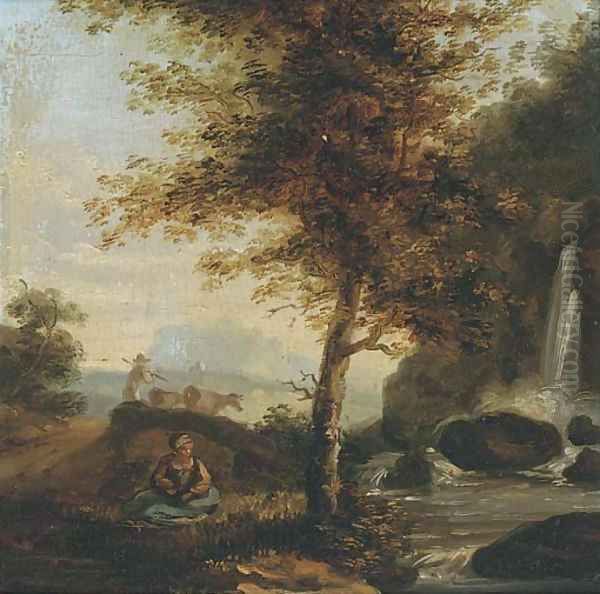 Figure by a waterfall with a drover and cattle beyond - view 1