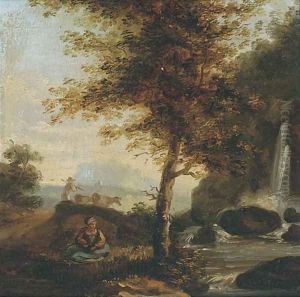 Figure by a waterfall with a drover and cattle beyond by Dutch School
