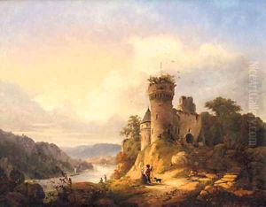 Figures With A Dog Before A Ruin In An Extensive River Landscape by Dutch School