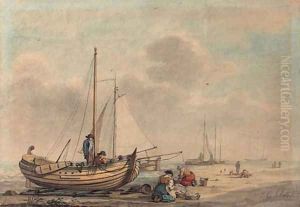 Fisherfolk with their boats on the beach by Dutch School