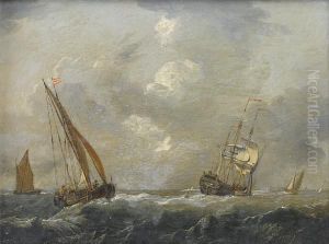 An English Frigate Hove-to And
Wallowing Inheavy Seas, With Small Craft, Including A Dutch Hoy, Nearby by Francis Swaine