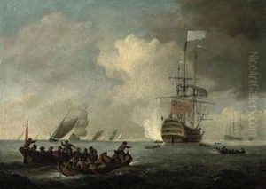 An English Three-decker Signalling Its Departure From The Anchorage by Francis Swaine
