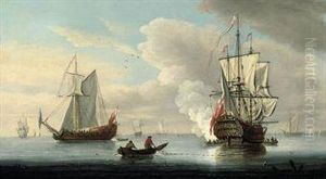 A Flagship Firing A Salute To Signal The Arrival Of The Fleet At The Anchorage