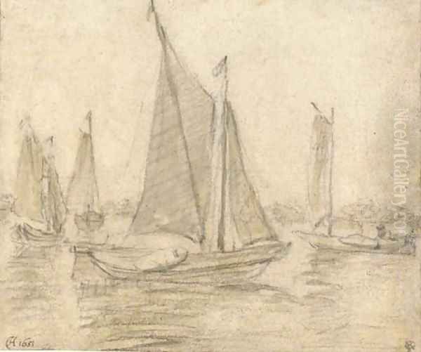 Four sailing boats on a broad river - view 1
