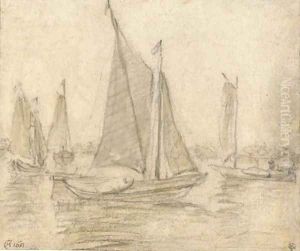 Four sailing boats on a broad river by Dutch School