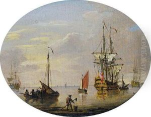 An English Frigate Anchored Offshore In A Calm And Drying Her Sails by Francis Swaine