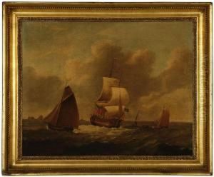 A British Man O' War Being Towed To Anchor Off Port by Francis Swaine