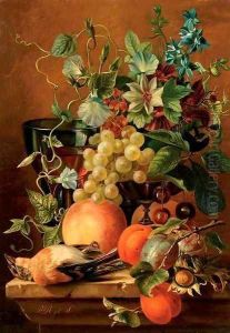 Fruits and flowers on a ledge by Dutch School