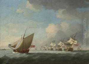 A Squadron Of The Red Beating Its Way Up The Channel With An Admiralty Yacht Inshore by Francis Swaine