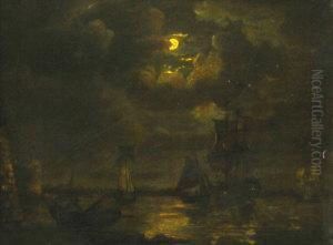 A Man O'war Being Unloaded In A Fortified Harbour Under The Cover Of A Smugglers Moon by Francis Swaine