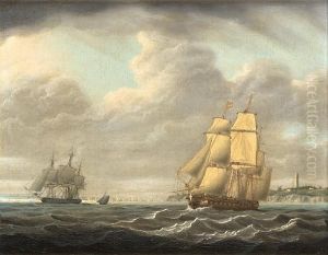 A Frigate Running Down The Coast With Other Shipping Beyond
