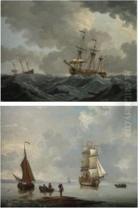 A British Man Of War Being Towed To Anchor; Two Frigates In An Approaching Storm by Francis Swaine