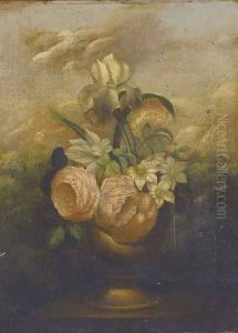 Irises, roses and narcissae in an urn on a garden plinth; and Another similar by Dutch School