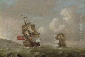 An English Warship Pursuing A Frenchman Up The Coast by Francis Swaine