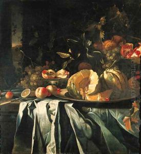 Melons and cherries on a silver platter