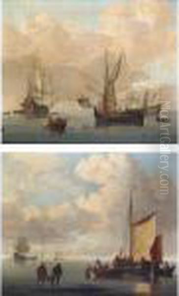 Two Men-of -war At Anchor In A
Calm; A-man-of War At Anchor With Supplies Being Loaded Into Fishing
Boats In The Foreground - view 1