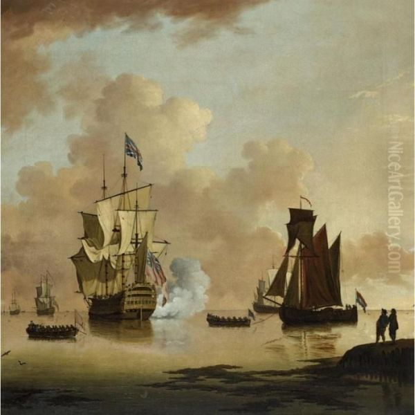A British Man Of War Firing A Salute, With A Dutch Barge Off The Coast - view 1