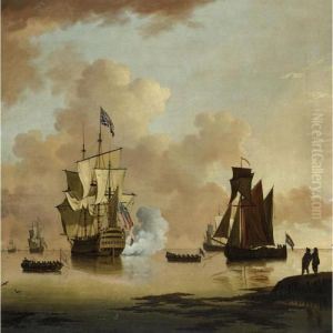A British Man Of War Firing A Salute, With A Dutch Barge Off The Coast