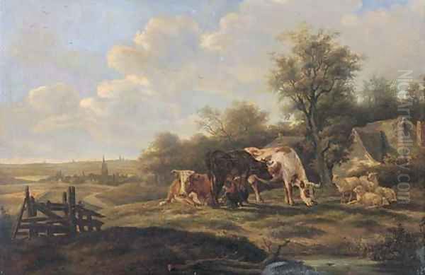 Milking cows in a landscape, with a town beyond - view 1