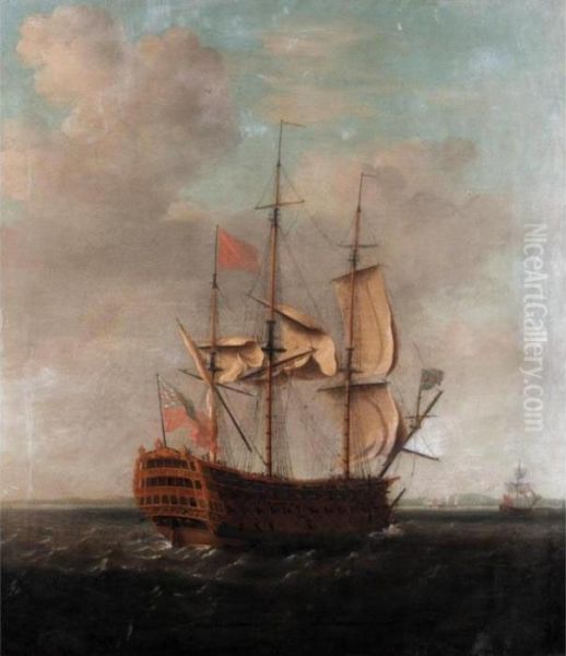 An English Man Of War Off The Coast Preparing To Anchor - view 1
