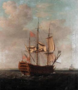 An English Man Of War Off The Coast Preparing To Anchor by Francis Swaine