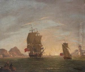 An English Frigate Arriving In A Bay With An Official Yacht Ahead Of Her by Francis Swaine