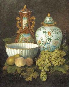 Peaches, grapes, a pear, a porcelain bowl and oriental vases on a plinth by Dutch School