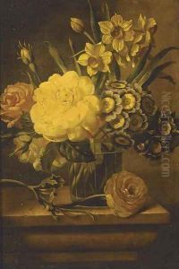 Roses, narcissae and auriculas in a vase on a plinth