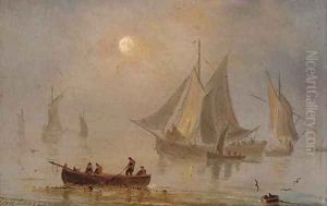 Shipping in a calm, moonlight (illustrated); and Shipping in a swell by moonlight by Dutch School