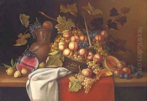 Still life of melons, plums, lemons, grapes and peaches in a basket, on a table