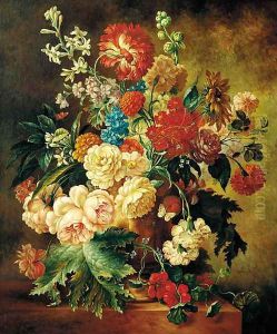 Summer flowers in an urn on a ledge