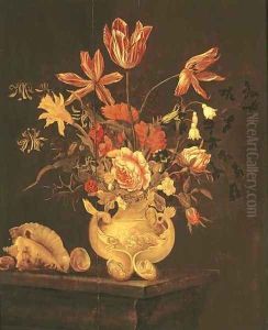 Tulips, roses, a daffodil and other flowers in a sculpted urn with shells on a table ledge by Dutch School