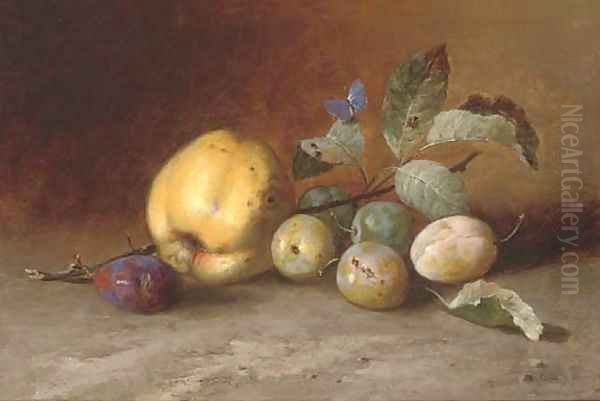 A cooking apple, plums and a butterfly - view 1