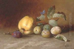 A cooking apple, plums and a butterfly by Dutch School